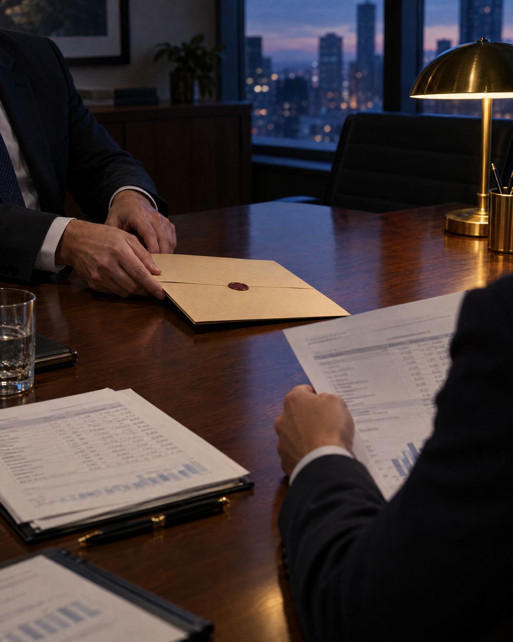 Two brokers at a conference table, one sliding a sealed envelope across to the other