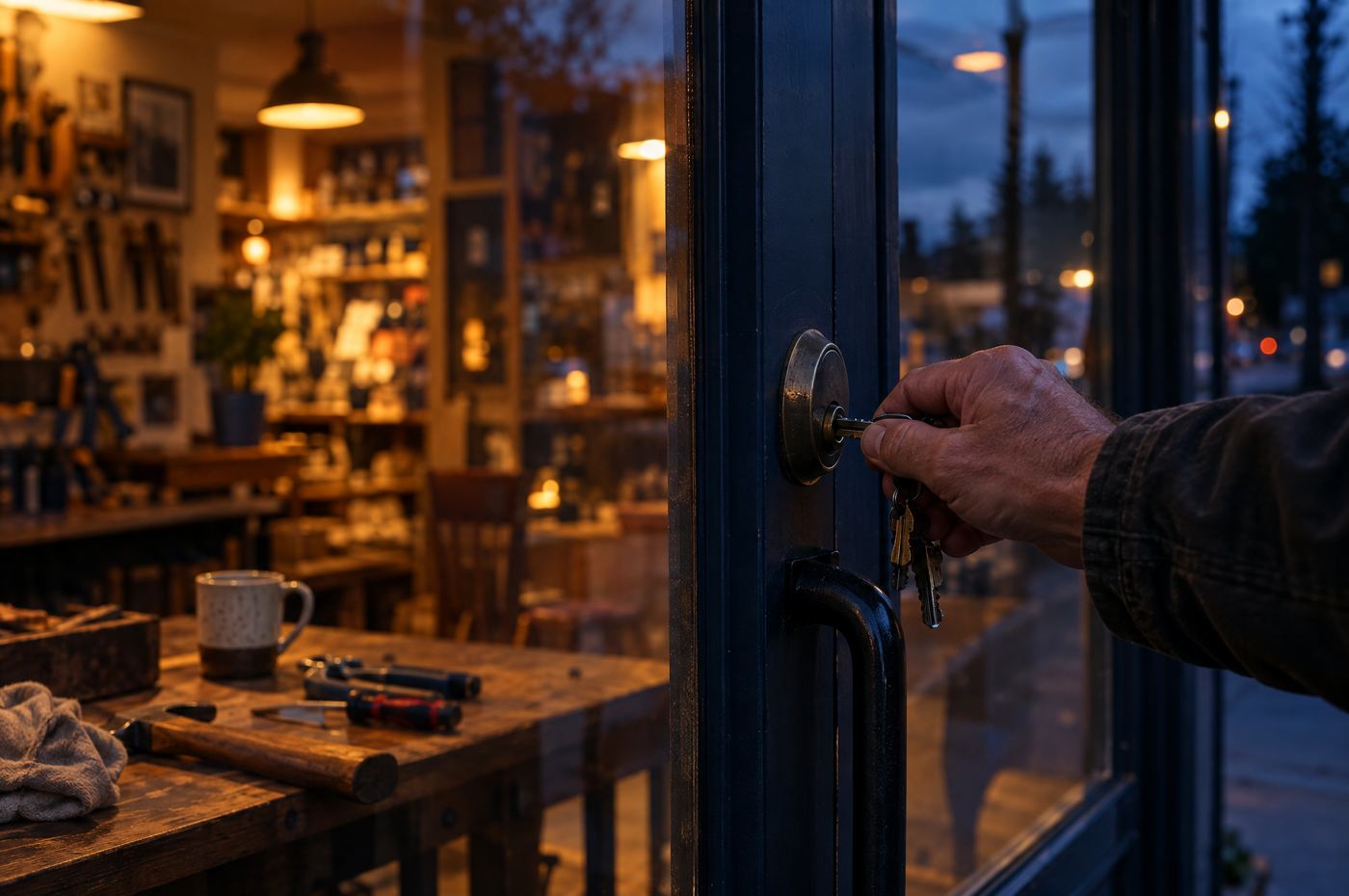 An owner locking the front door of a small workshop at closing time