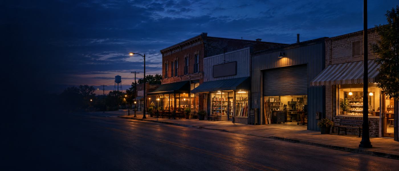 A row of independent businesses on a small-town main street at dusk, lights on inside